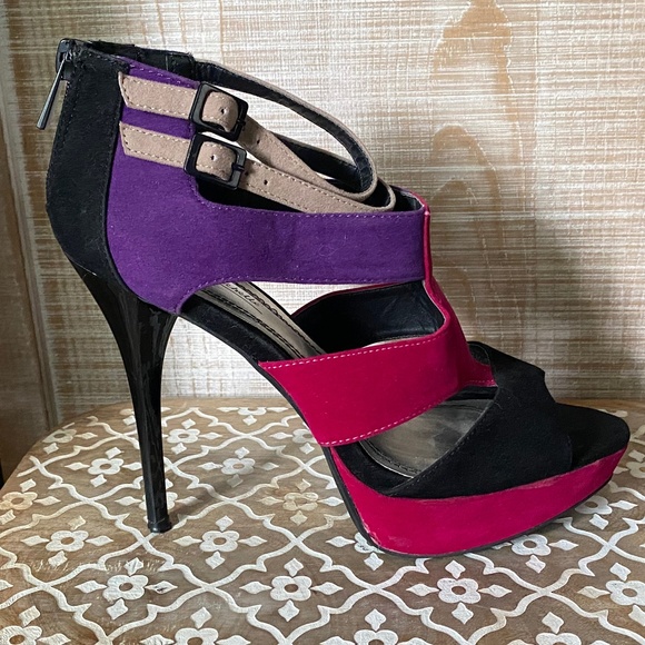Strappy Faux Suede Heels in Purple, Taupe, Fushcia and Black, Size 8 - Picture 1 of 13